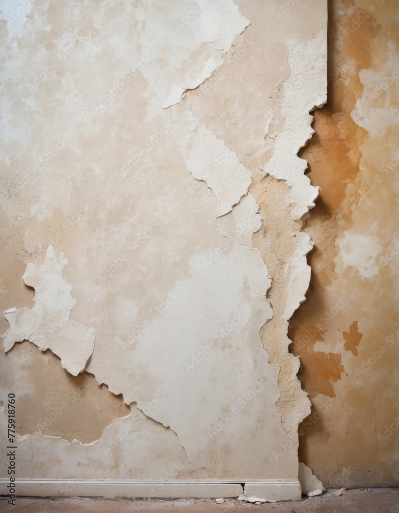 Textured surface of a dilapidated wall with peeling beige paint, showcasing the beauty of decay and the passage of time in an urban environment