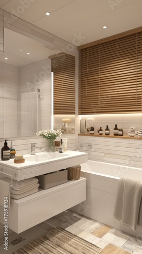 The bathroom is a white square. The washbasin  with a pristine white countertop. The frame of the mirror is made of wood.