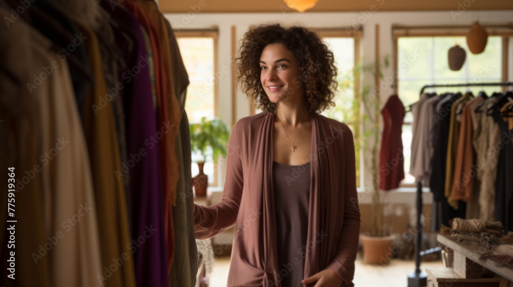 Cheerful Curly-Haired Woman Shopping in Boutique Clothing Store