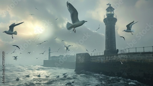 White seagull flying over sea water. AI generated images
