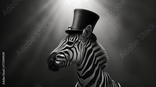 Stylish zebra in a monochrome ensemble, sporting a top hat with zebra stripes, against a minimalist backdrop, lit with soft spotlights, exuding contemporary flair