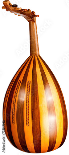 Fotografie A Turkish saz, a stringed musical instrument with a pearshaped body and a long neck, is shown in a closeup view