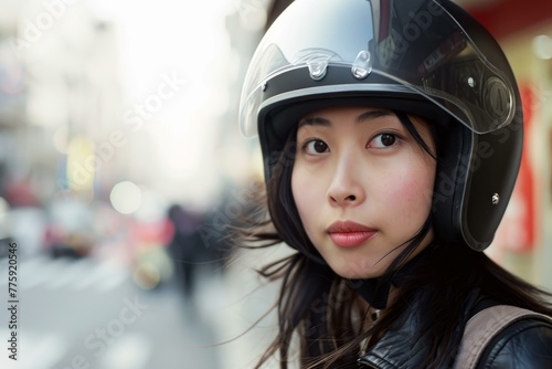 Secure Asian woman helmet. Safety people. Generate Ai