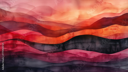Abstract Colorful Wavy Lines in Red and Black Hues with Watercolor Texture