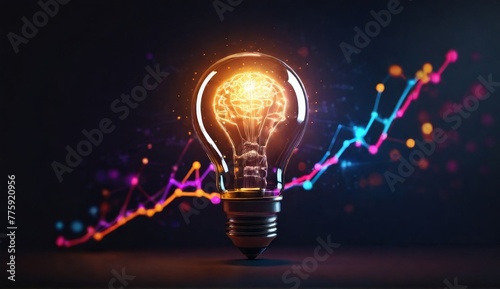 The glow light Data digital marketing analysis graph with light bulb in dark background.