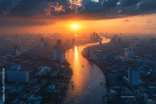 Aerial buildings and river in bangkok city with morning sun light