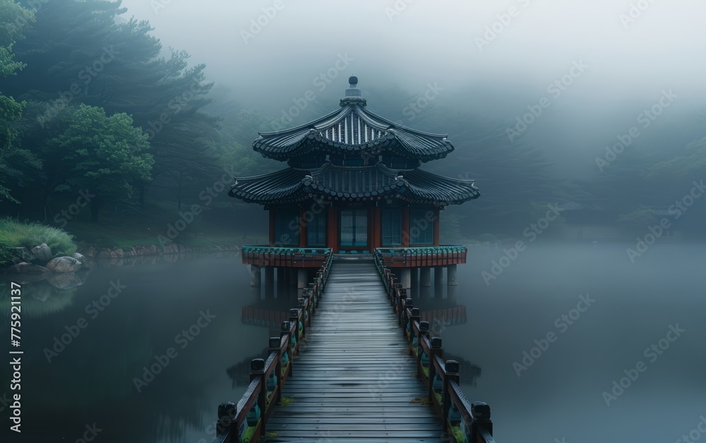 Serene Asian Pagoda in Misty Morning