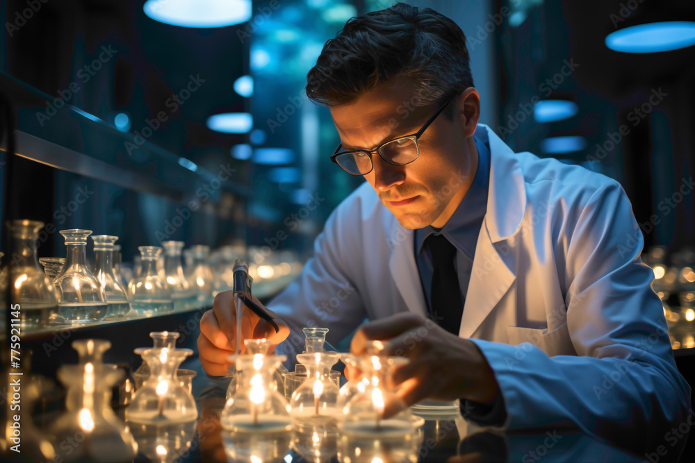 A pharmaceutical researcher in lab coat and safety glasses, examining samples, against a clean white wall.