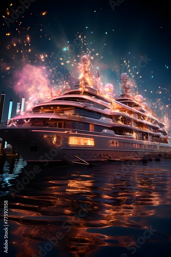 Luxury yachts in the sea at night. 3d rendering