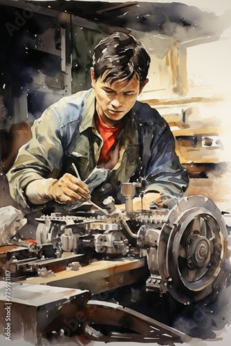 A specialist is seen working on a machine, specifically performing a transmission flush with precision and expertise. The focus is on the mechanical processes involved in the maintenance task