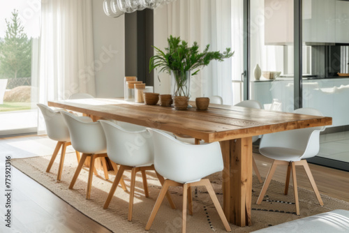  Modern Dining Room Interior with White Chairs and Wooden Table © Natalia Klenova