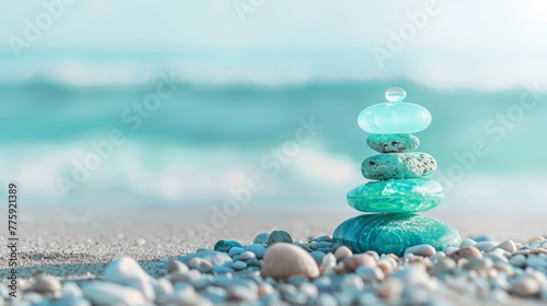Fototapeta Naklejka Na Ścianę i Meble -  Sea glass Zen stones arranged in a balance pyramid on the beach. Beautiful azure color sea with blurred seascape background