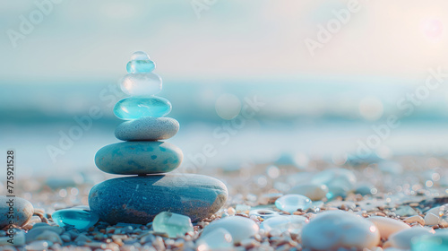 Sea glass Zen stones arranged in a balance pyramid on the beach. Beautiful azure color sea with blurred seascape background