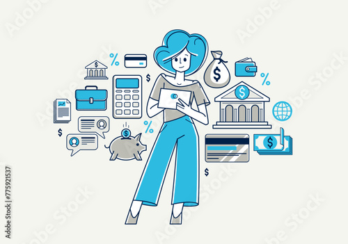 Online banking vector outline illustration, woman manager working with finances or customer manages her account with deposit or credit, e-banking.