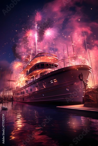 Yacht in the harbor with fireworks in the night sky. 3d rendering