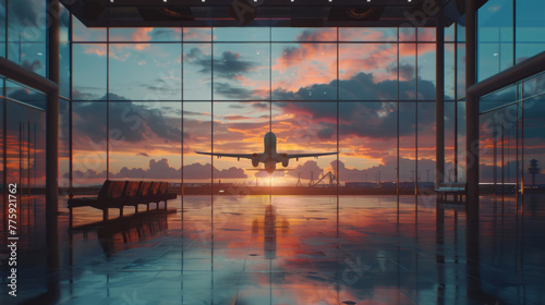 Silhouette of a plane taking off or landing in sunset sky from empty airport lobby