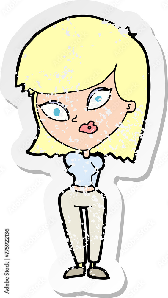 retro distressed sticker of a cartoon confused woman retro distressed sticker of a cartoon confused woman