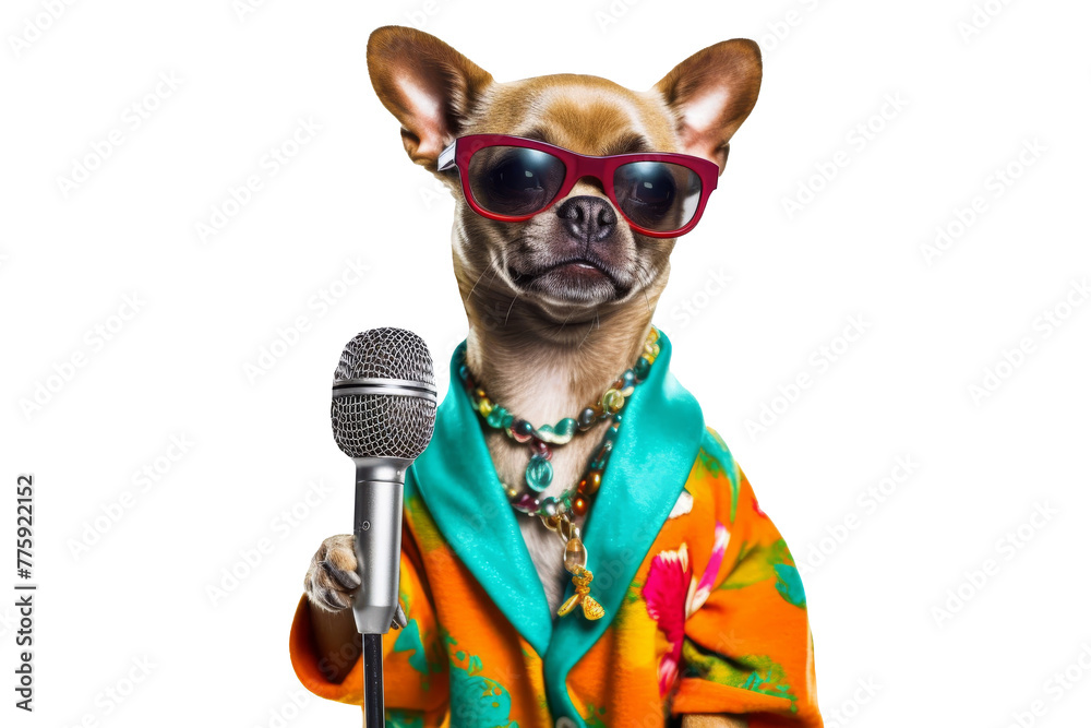 Cool dog wearing a glasses and holding microphone on transparent background.