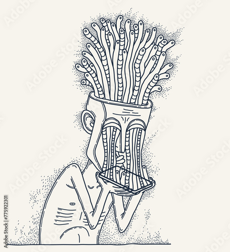 Mobile phone internet addiction, vector illustration of addicted man holding a phone with worms growing from it, brain damaging and degradation.