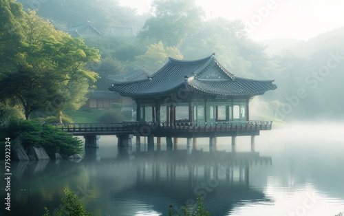 Serene Lakeside Pavilion in Mist