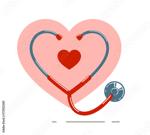 Stethoscope with heart vector simple icon isolated over white background, cardiology theme illustration or logo.