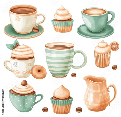 A set of coffee cups and cups with frosting on them
