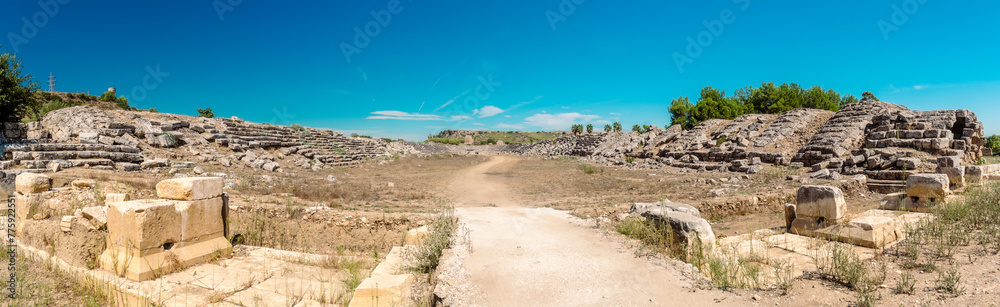 Picturesque ruins of the stadium in the ancient city of Perge. Ruins of the city of Perge in Turkey.