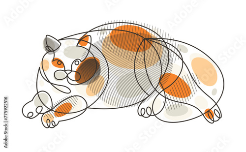 Nice cute cat linear vector illustration, line art drawing of pussycat relaxing, artistic outline minimal sketch of fat and lazy cat.