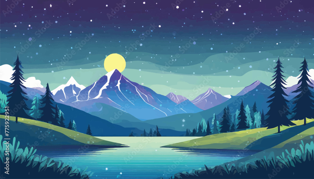 Mountain and Lake Scene: A Vector Illustration of Nocturnal Serenity
