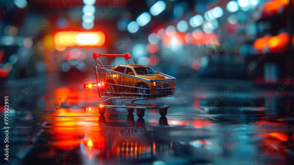 Conceptual Image of a Miniature Car in a Shopping Trolley - obrazy, fototapety, plakaty 
