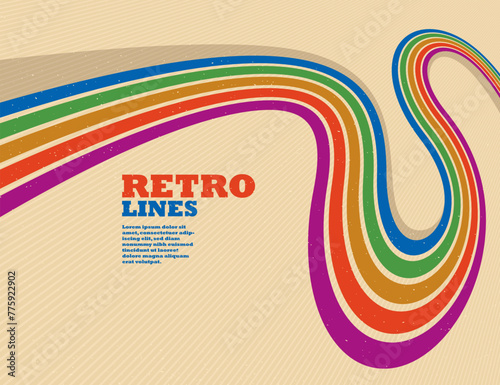 Retro style abstract background with curve lines in all colors of rainbow, 3D dimensional seventieth vector art.