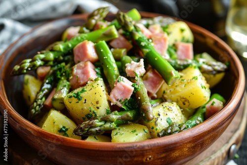 Savory Asparagus ham plate potato. Dish food. Generate Ai