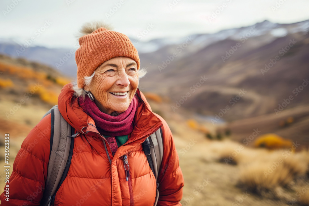 Cheerful old lady, like an elderly woman enjoying outdoor activities, close-up