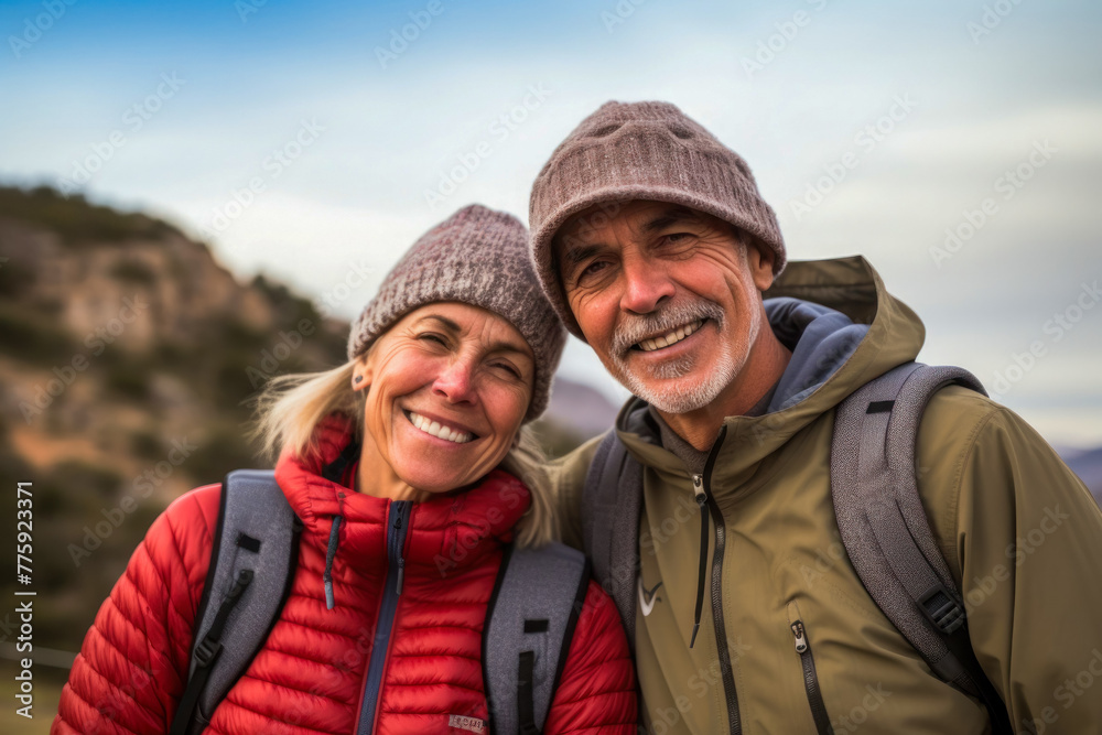 Happy moments of adventure of an active married couple while traveling, close-up