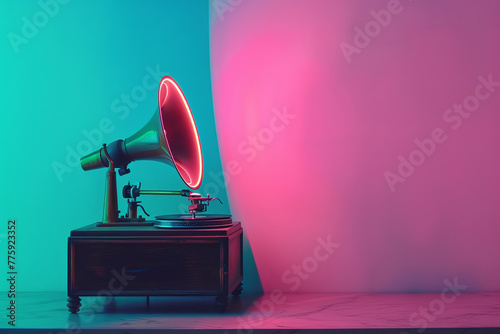 Vintage aged gramophone phonograph turntable on pastel green pink neon lighted background