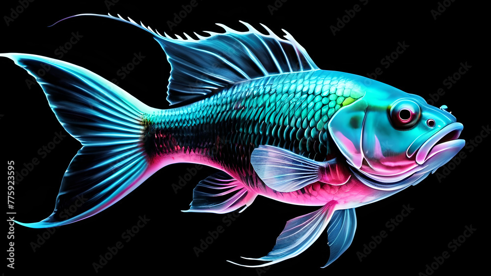 A fluorescent fish swimming in the darkness of the ocean depths.