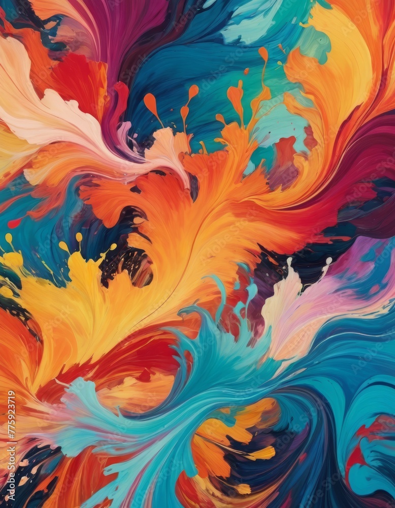 Colorful abstract image with a vivid swirl of paint in blue, orange, and red tones, perfect for dynamic and artistic backgrounds
