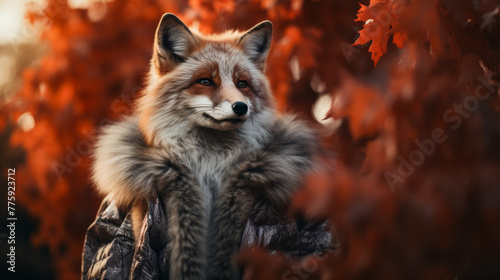 Picture a fashionable fox in a faux fur stole  accessorized with pearl earrings and a velvet choker. Against a backdrop of autumn leaves  it exudes woodland elegance and timeless style. Mood  refined 
