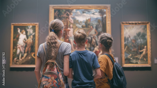 Three children are deeply engrossed in classical paintings at an art museum, learning about history and culture photo