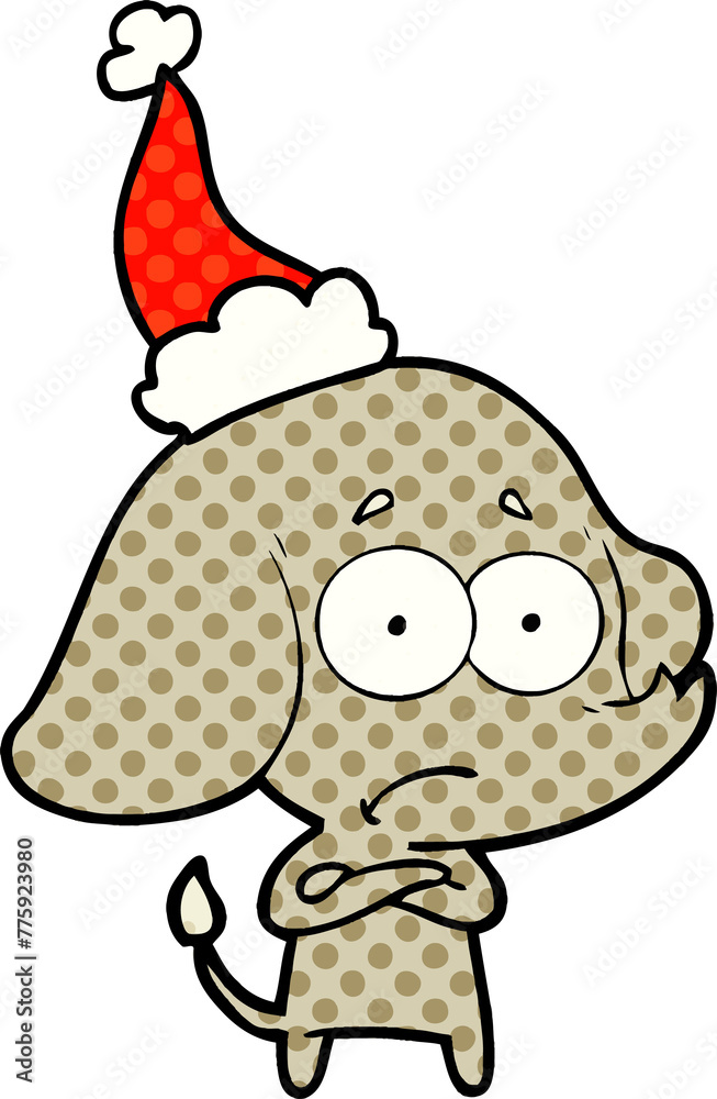 Obraz premium hand drawn comic book style illustration of a unsure elephant wearing santa hat