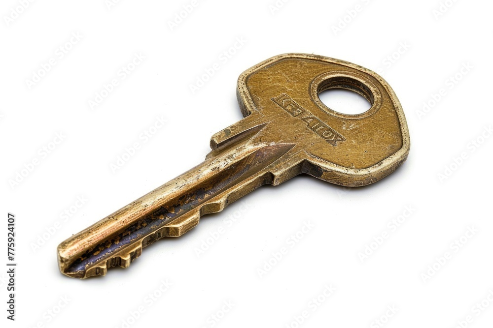 Detailed close-up of a key on a white background. Perfect for security or access concepts Detailed close-up of a key on a white background. Perfect for security or access concepts