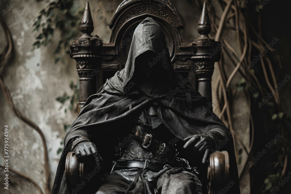 Elaborate Assassin hooded throne costume. Studio fantasy. Generate Ai Elaborate Assassin hooded throne costume. Studio fantasy. Generate Ai