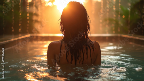 Woman Enjoying Sunset at Tropical Spa