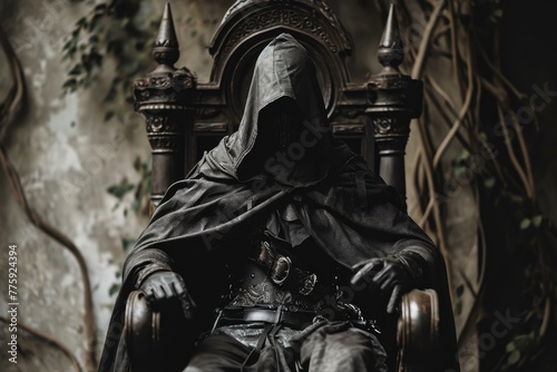 Elaborate Assassin hooded throne costume. Studio fantasy. Generate Ai
