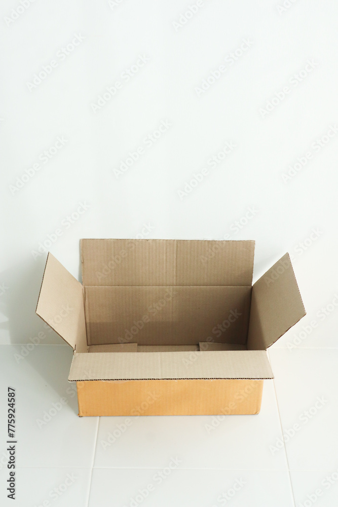 Open cardboard box on white background,delivery unboxing concept.