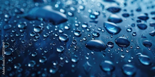 Close up of water droplets on a blue surface, suitable for various design projects
