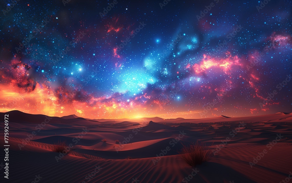 Night in a desert sands and dunes over a beautiful galaxy sky