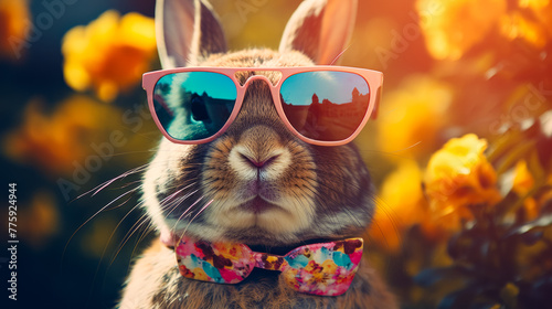 Picture a fashionable rabbit in a cashmere sweater, accessorized with a diamond-studded collar and designer sunglasses. Against a backdrop of blooming gardens, it exudes playful elegance and sophistic © Дмитрий Симаков