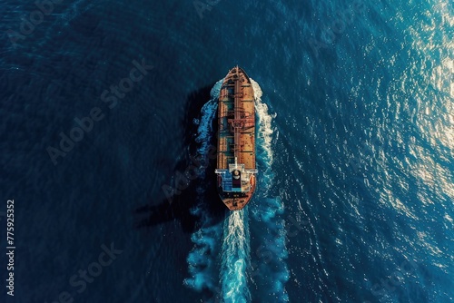 Aerial view of a large ship in the ocean. Suitable for travel brochures