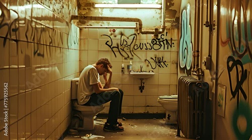 man contemplating sitting on the toilet photo